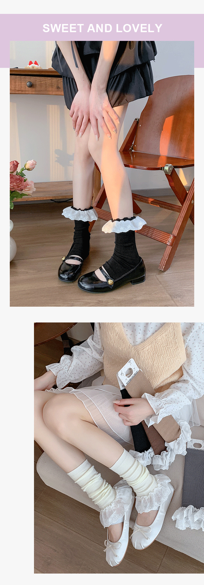 Scaldamuscoli Bootshang Calzini in cotone per donna con doppio ago in pizzo in tessuto a metà tubo Lolita con risvolto in pile Scaldamuscoli svasati in stile balletto dolce_voghion.com