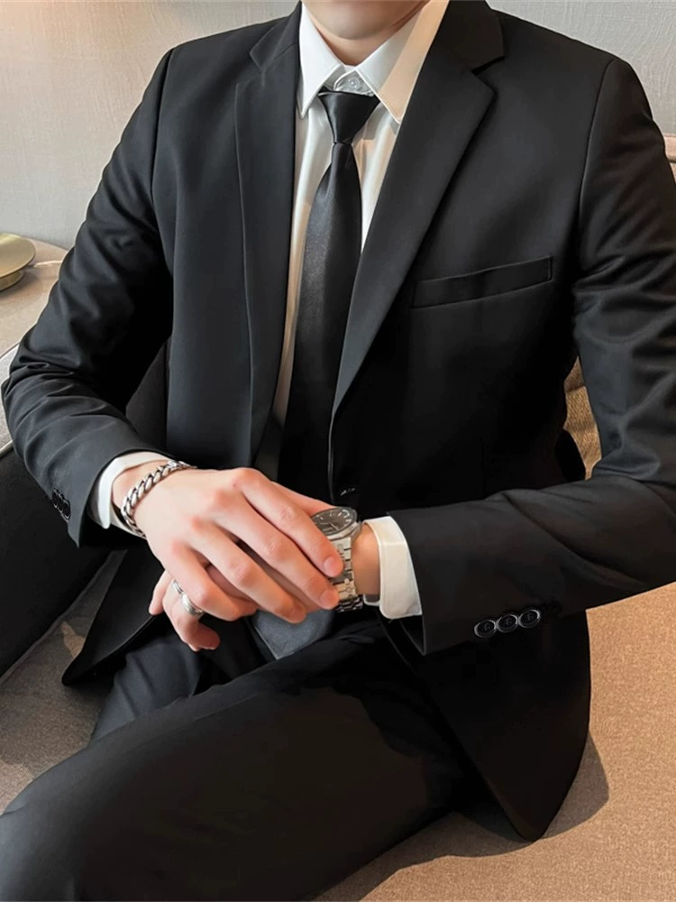 Мужской классический костюм‑пиджак slim fit, чёрный, высокое качество, с опцией галстука