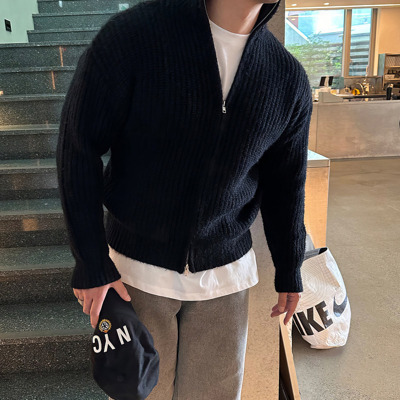 798 Design black stand-up collar zip-up sweater jacket for men, spring/summer high-end knitted cardigan