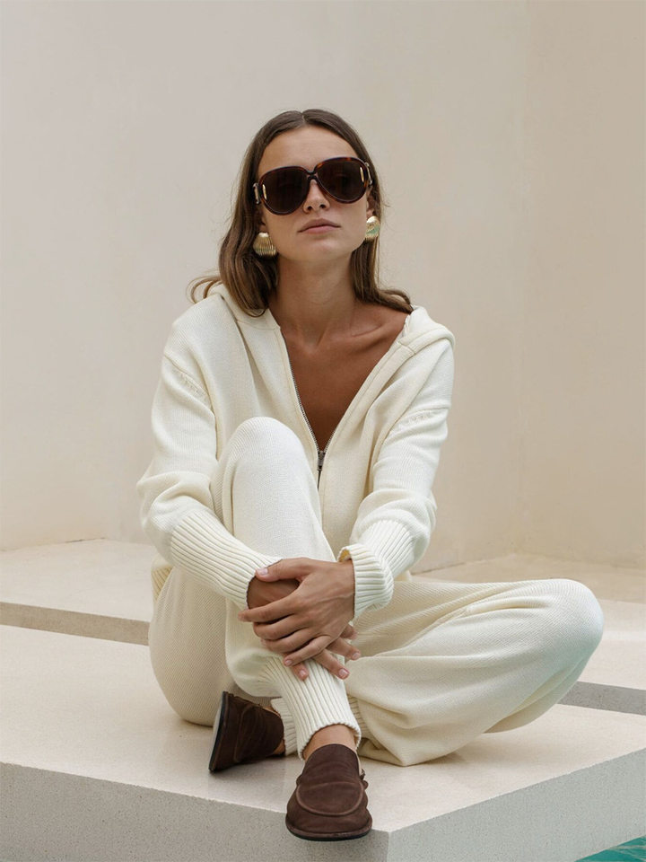 Bộ áo cardigan dệt kim có mũ khóa kéo dáng rộng kèm quần ống ôm cotton — Màu cà phê, Màu trắng, Màu xanh dương, Xanh lá cây chi tiết 43