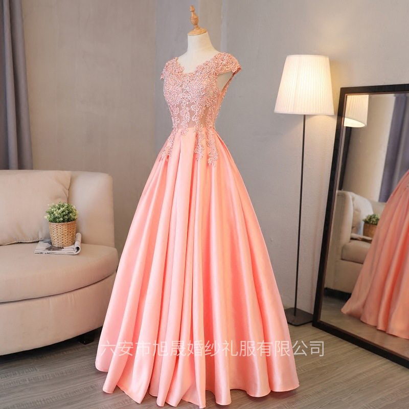 2026 New Style Women's Long Lace Appliqué Pink Evening Dress V-Neck Sleeveless Ball Gown Banquet Dress