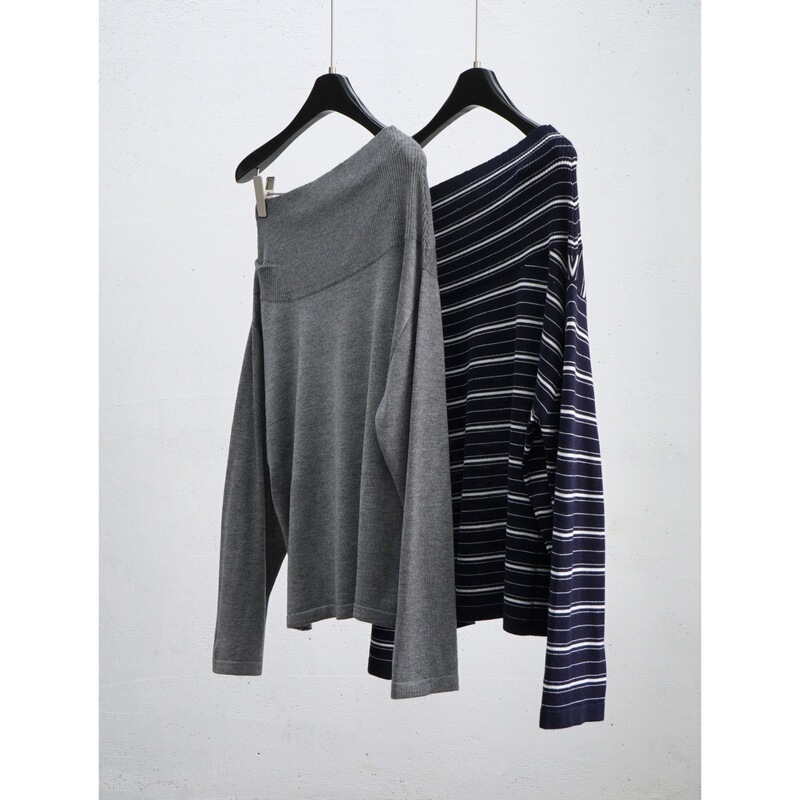 French-style off-shoulder knit top for women, loose-fitting, stylish, off-shoulder, long-sleeved, striped, slimming, wholesale