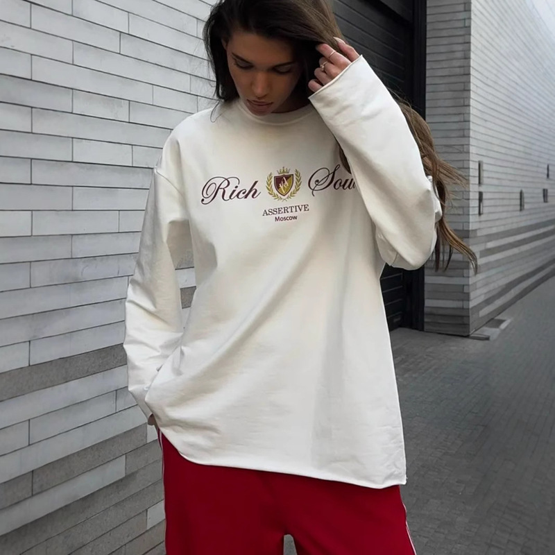 春秋のアメリカの街頭の個性的なデザイン感の雰囲気のプリント100% 純綿の長袖のtシャツの洋風の上着のins風|undefined