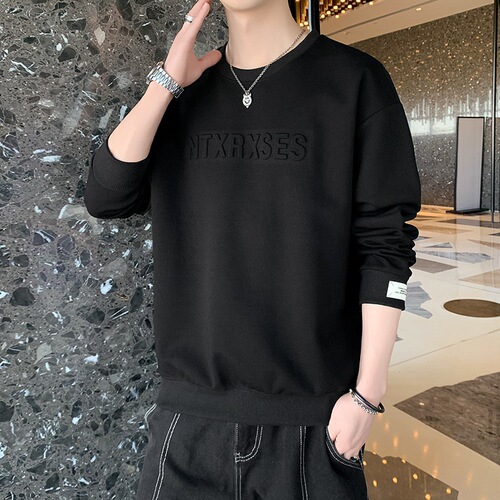 Men's hooded spring and autumn 2024 new round collar base shirt top fashion brand all-matching casual long-sleeved t-shirt