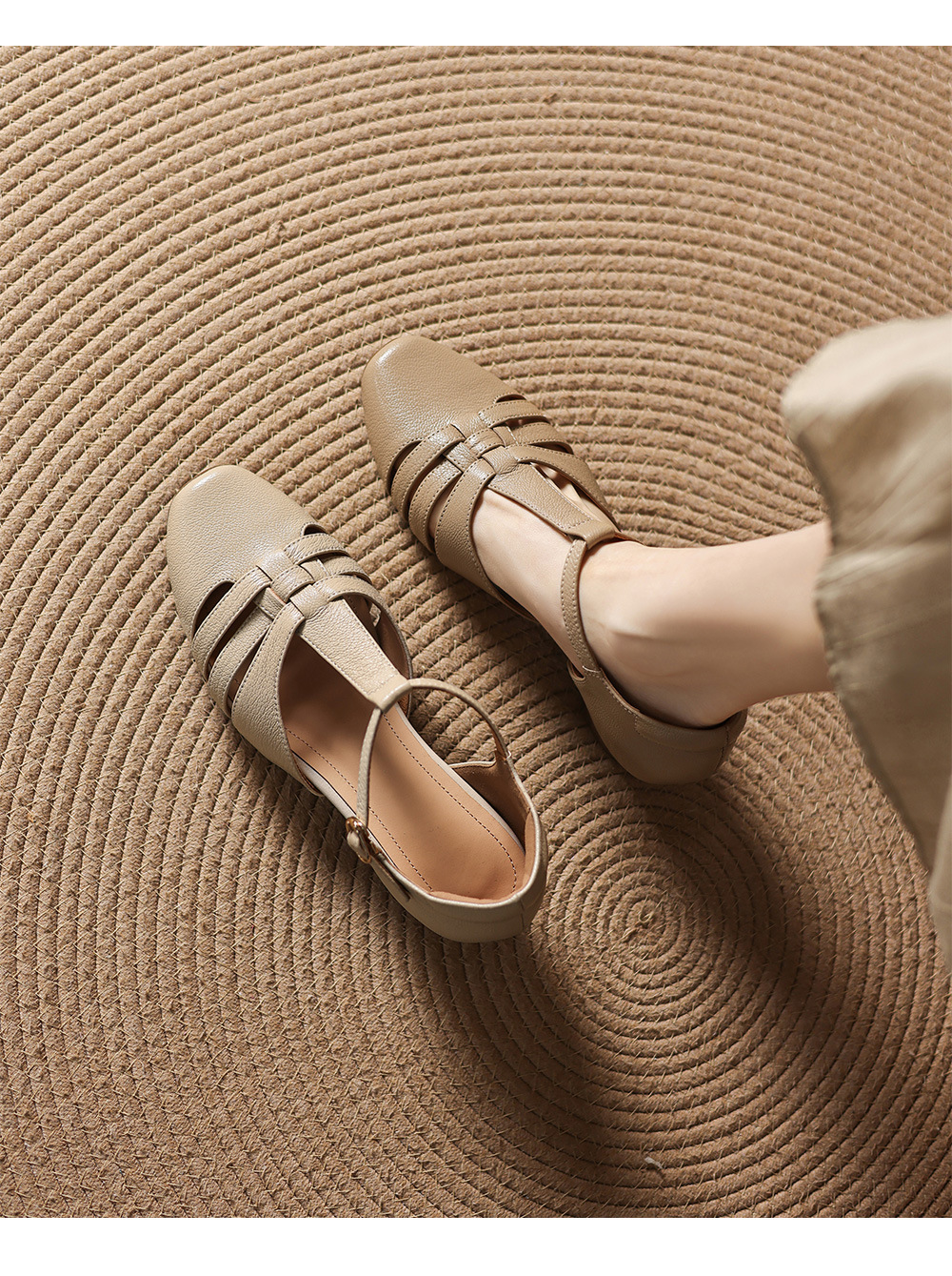 Sandal nữ da cừu dệt bao đầu mũi vuông gót dày 3.5cm quai ngang kiểu La Mã — màu trắng ngà chi tiết 2