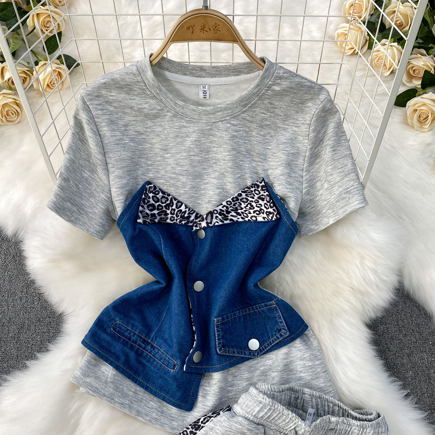Women's Two Piece Set Denim Short Sleeved Top High-Waisted Slim Straight Leg Pants Fashion Slimming Wide Leg_ecoleips.com
