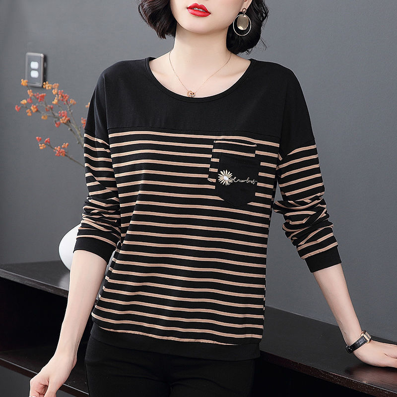 2022 Autumn New Middle-aged Mother Long-sleeved T-shirt Women's Round Neck Striped Loose Casual Base Shirt Stylike Top