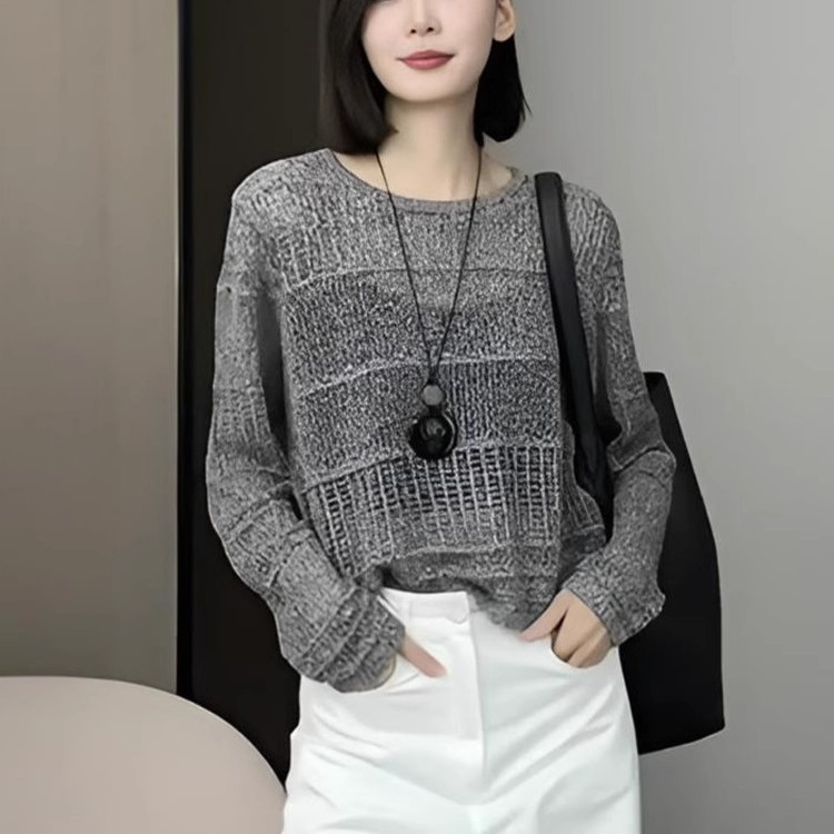 复古镂空设计感圆领长袖针织衫女2025新款早春宽松小个子洋气上衣|undefined