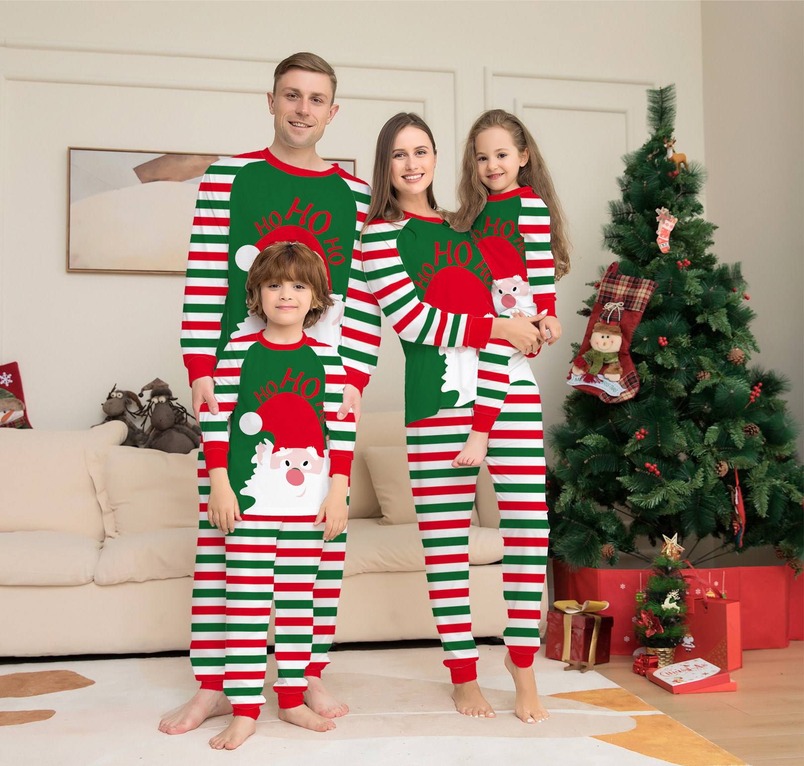 Mode Weihnachtsmann Streifen Baumwolle Drucken Hosen-sets Freizeithosen Kapuzenpullover Familie Passenden Outfits display picture 1