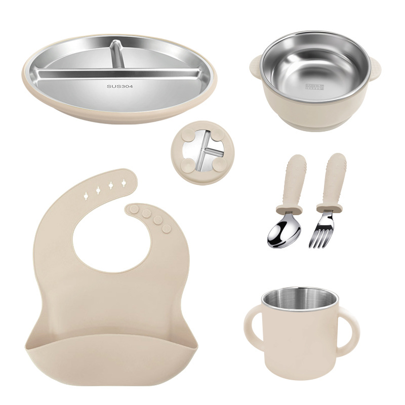 Placa de comedor de acero inoxidable para niños, taza de agua de silicona binaural, taza para beber para bebés de grado alimenticio