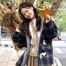 chic复古连帽牛角扣夹棉毛呢大衣女同款加厚格纹棉服外套男