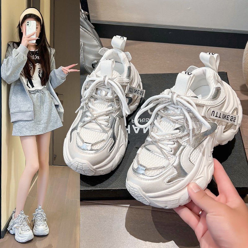 本革メッシュ通気性ダッドシューズ女性用 2025 夏の新多用途プラットフォーム厚底カジュアルスニーカー小柄な人向け|undefined