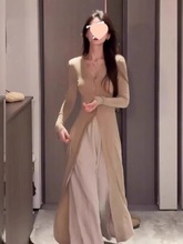 温柔女长款纯色百搭高开叉领修身显瘦针织开衫夏春长袖外套上衣