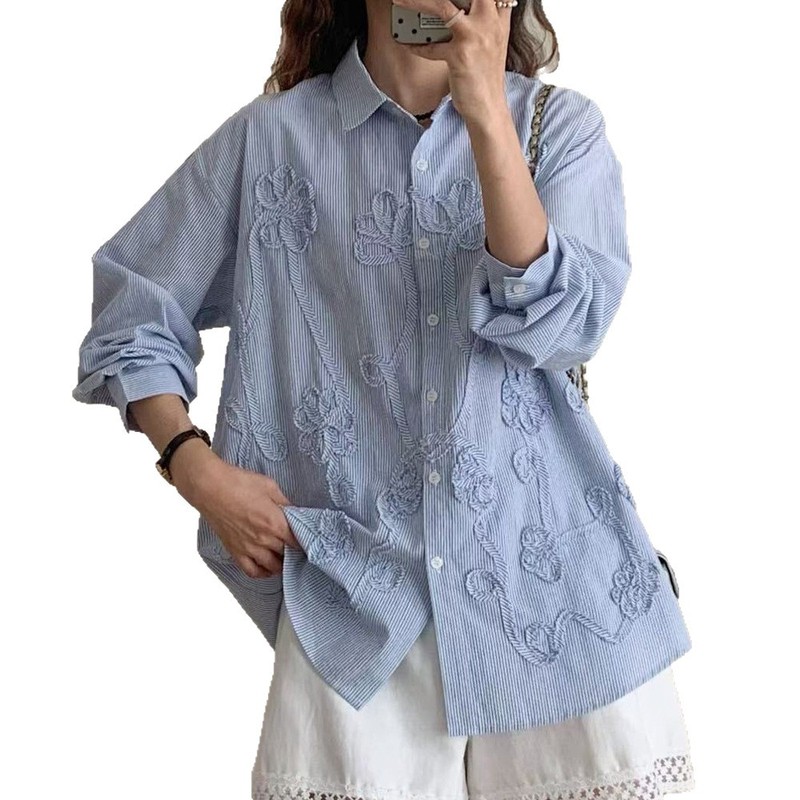 刺绣花朵森系田园风刺绣宽松百搭长袖衬衫上衣女装衬衣|undefined