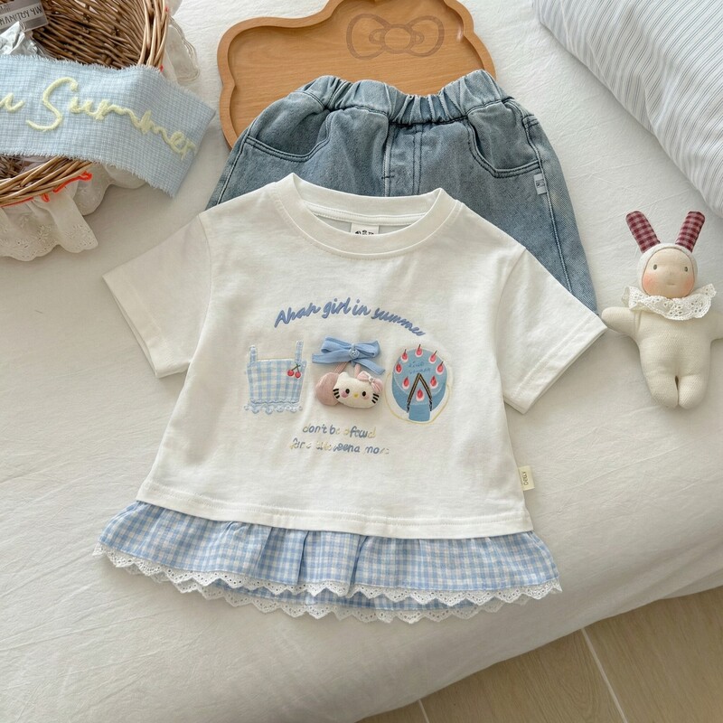 Timo Girls' Short-Sleeved Cute T-Shirt 2026 Summer New Style Baby Girl Korean Style Cute Cartoon Plaid Lace Timo Girls' Short-Sleeved Cute T-Shirt 2026 Summer New Style Baby Girl Korean Style Cute Cartoon Plaid Lace