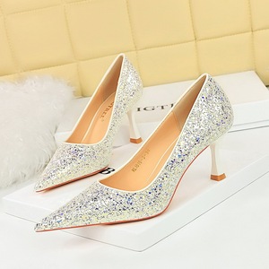 1818-3 Korean Fashion Banquet High Heels Metal Heels High Heels Shallow Toe Shining Sequin Cloth Single Shoes Women&apos