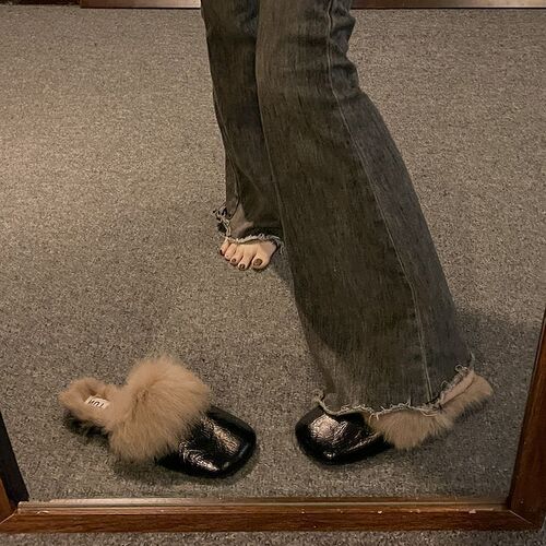 Foreign style, fluffy slippers, women's autumn and winter, new style, flat, lazy Muller, fluffy, baotou half slippers