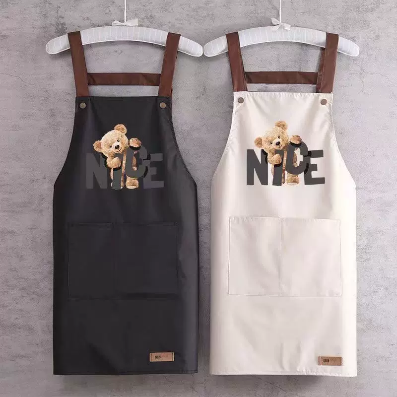 防水防油污围裙NICE熊Hello花时尚logo背带皮标款加长围腰工作服