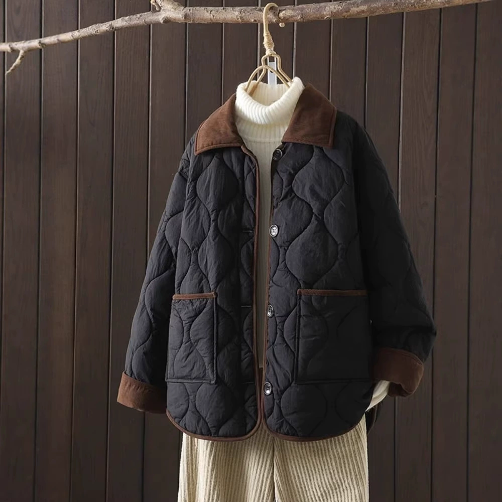 冬季新小香风短款羽绒棉服女2026款撞色翻领菱格轻薄宽松棉袄外套