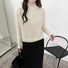 嘉兴濮院工厂欧根纱细羊毛半高领压钻蕾丝打底衫秋冬新款气质女装