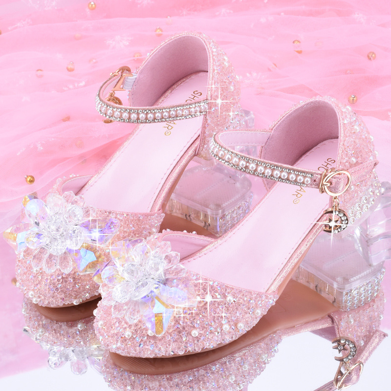 New children's high heels piano watch performance shoes girls princess shoes flower girl dress shoes silver catwalk crystal shoes