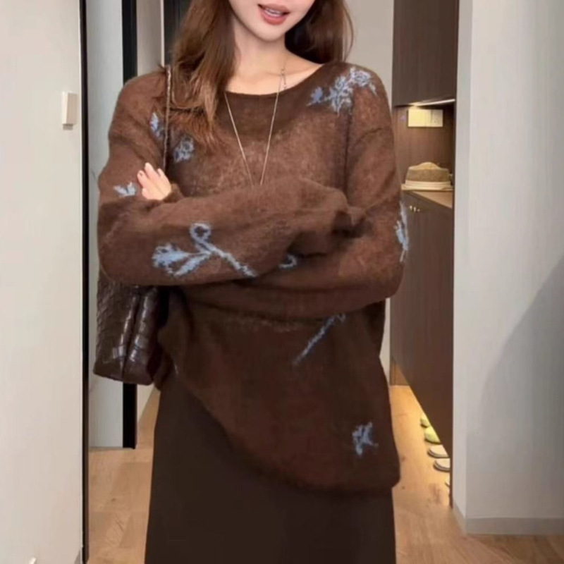 美拉德咖色刺绣针织衫女高级感慵懒chic套头毛衣2025新款上衣早秋|undefined