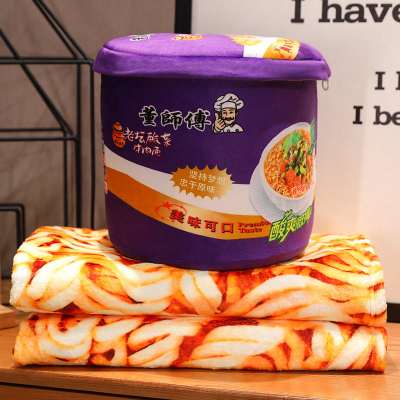 Simulación de dibujos animados de carne roja enchufe fideos instantáneos barril de fideos instantáneos 2 en 1 manta de almohada de peluche aire acondicionado manta de siesta