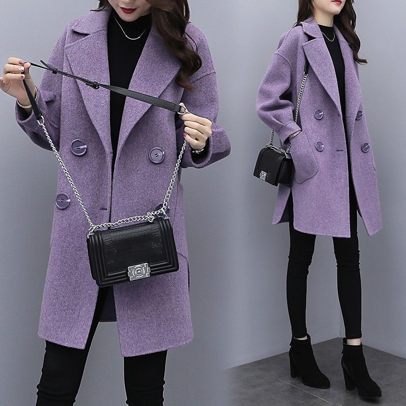 Coat Women's 2025 Autumn and Winter New Style Mid-Length Lantern Sleeve Small Purple Woolen Coat for Women