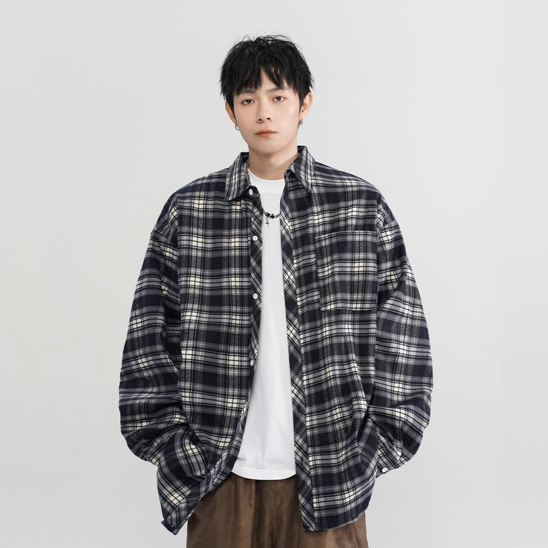 美式复古格子衬衫男女春球季潮牌oversize痞帅外套高级感情侣衬衣|undefined