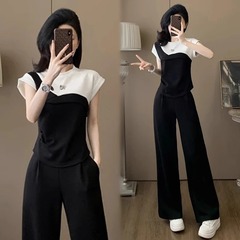欧货时尚运动套装女夏季新款收腰显瘦撞色拼接短袖阔腿裤两件套潮