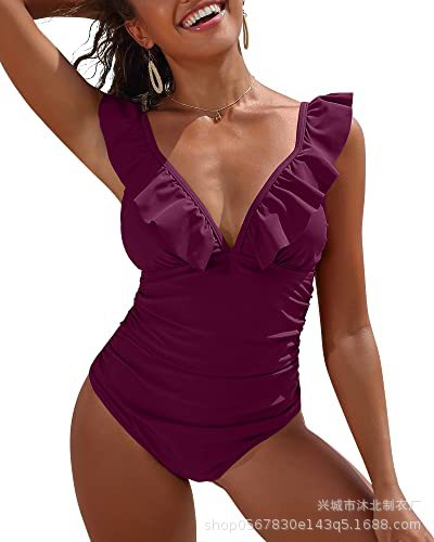 2024 Amazon nuevo traje de baño de una pieza plisado para mujer traje de baño plisado con cuello en V image 13
