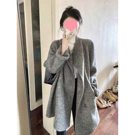 富家千金灰色双面呢子大衣女秋冬小个子感慵懒风斗篷毛呢外套