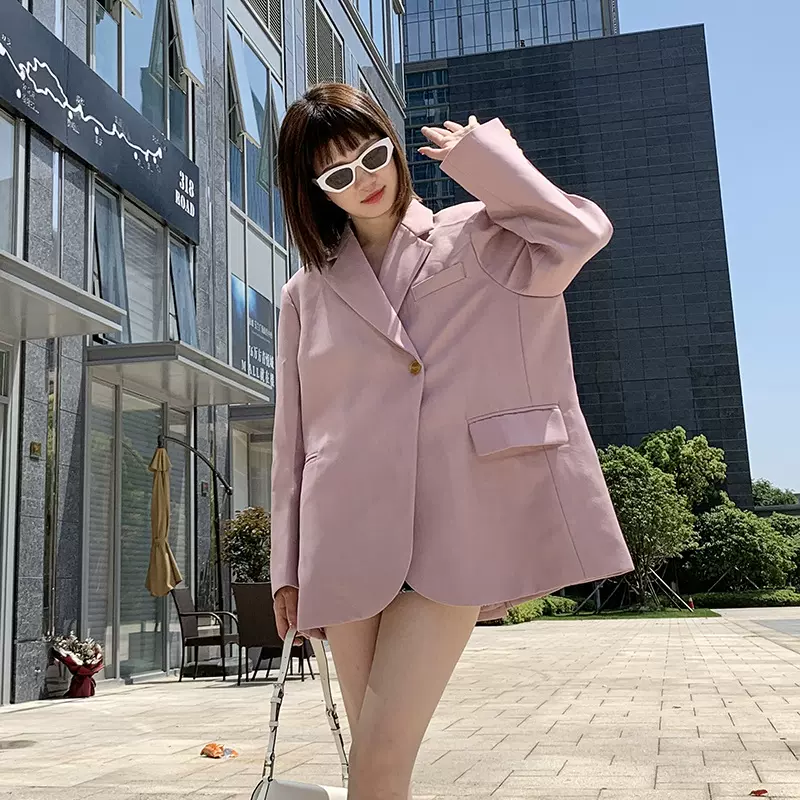 时髦少女老爹西装外套女oversize宽松粉色小西服韩版