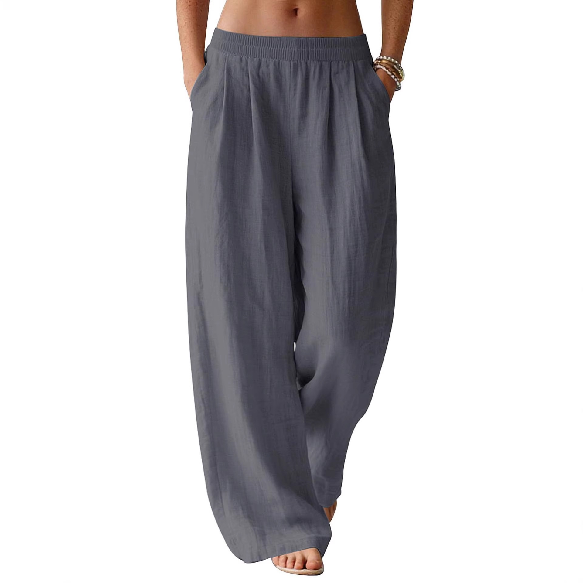 European and American Cross-Border Linen Wide-Leg Pants Summer Women's Flowy Long Pants Beach Vacation Wear Elastic Waist Travel Pants with Pockets