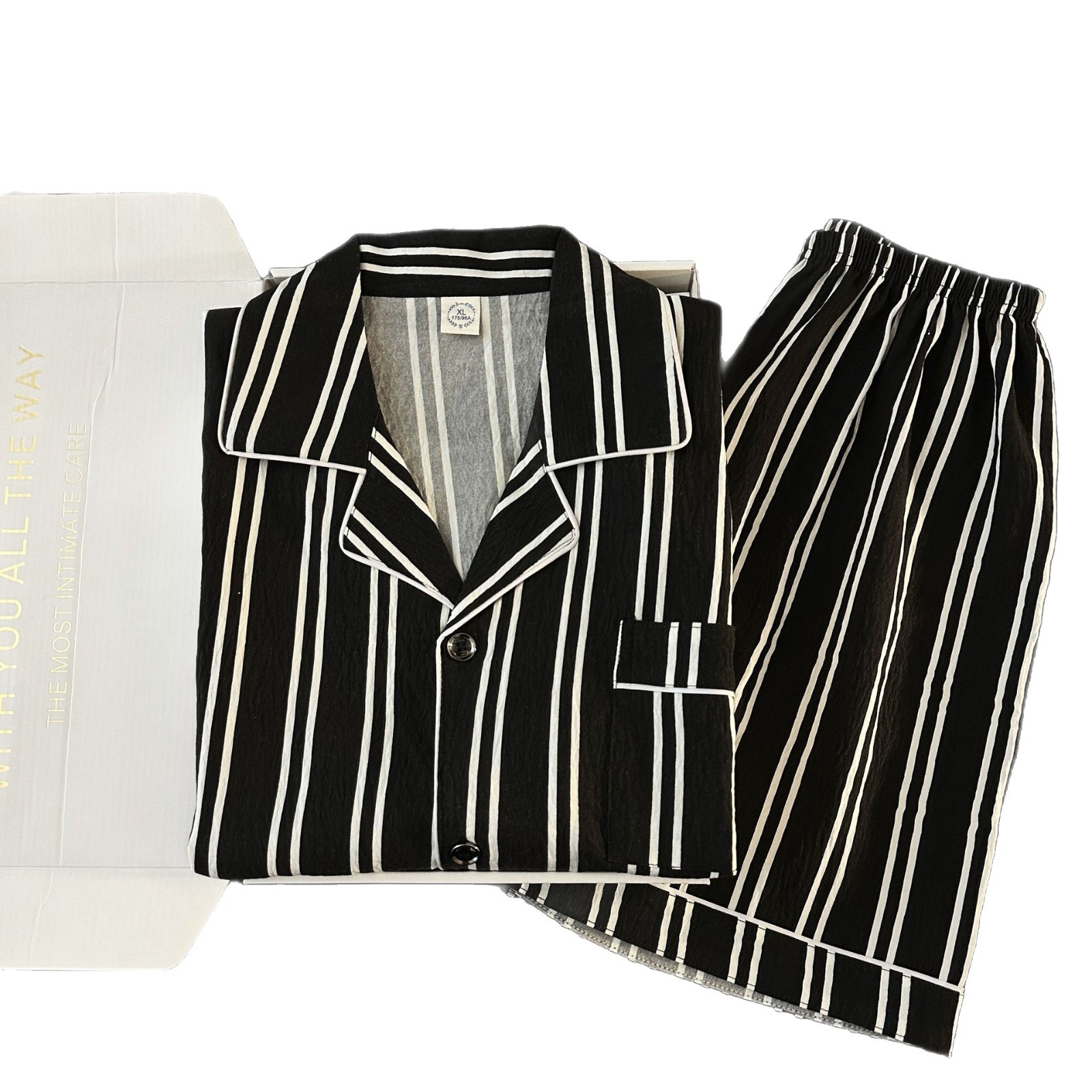 Pijamas de hombre a rayas negras coreanas primavera y verano manga corta nube de algodón puro traje de servicio a domicilio para jóvenes