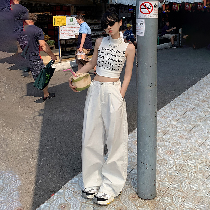 Retro High-Waisted Loose Wide-Leg Pants Cargo Pants with Adjustable Waist and Drapedy Straight Casual Pants for Women & Long Pants