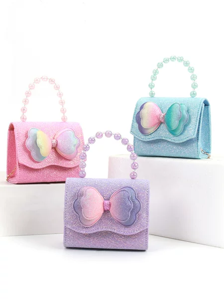 Children's Shoulder Bag for Girls, Daily and Evening Occasions, Beaded Handbag, Mini Bow Princess Bag, Crossbody, Lightweight