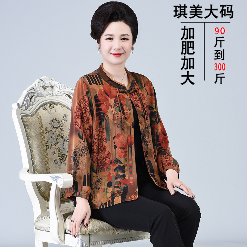 Middle-aged and elderly women's summer shirt shirt middle-aged large size cardigan 50-year-old fat mother round neck foreign style jacket 200kg