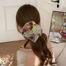 油画风花朵复古发圈方巾丸子头花绑头发绳高级感发饰大肠圈头饰女