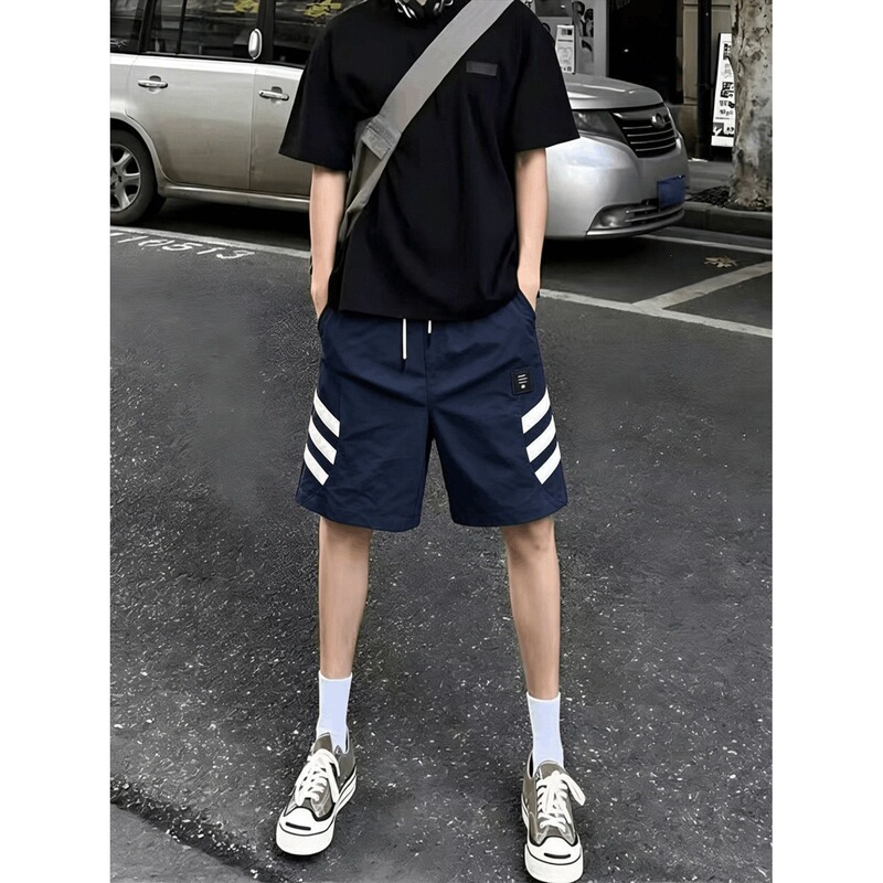 Cool and Stylish Navy Blue Striped Shorts for Men, Summer Casual Elastic Waistband with Three Woven Straps, Breathable Quick-Dry Trendy Five-Point Shorts