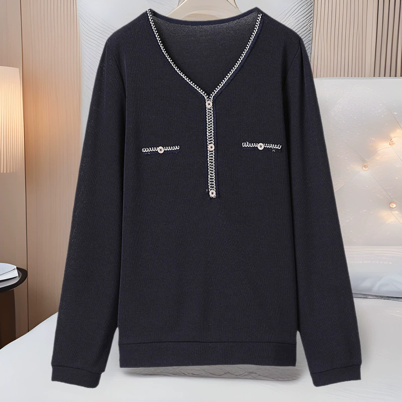 Весна и Осень V-образный вырез Мама средних лет женщина с длинными рукавами вязаная нижняя рубашка свободная иностранная минус 40-50 лет черный топ