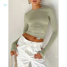 Solid color round neck long sleeved top Ůʿ��ɫ�A�I�L������