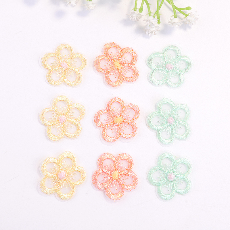 跨境专供少女头饰辅料包包装饰补丁 彩色网纱五叶花装饰刺绣布贴