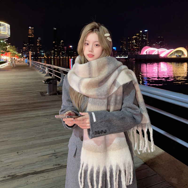 马海毛加厚条纹围巾女冬季韩系ins风美拉德流苏披肩时尚情侣围脖|undefined