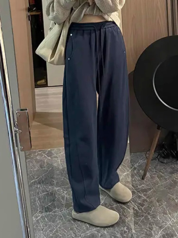 藏青色弯刀卫裤女春秋胖mm大码休闲显瘦哈伦直筒宽松运动裤小个子|undefined