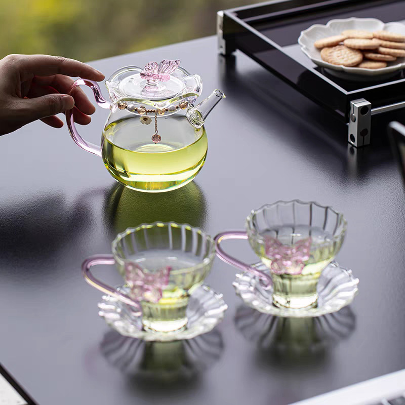 粉色蝴蝶透明玻璃茶杯带把女士品茗杯普洱茶杯带杯垫咖啡杯高颜值|undefined