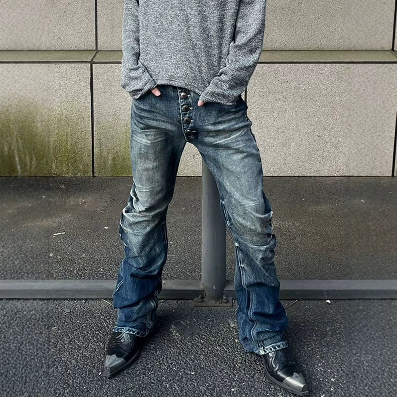 American High Street Retro Vibe Buttoned Pleated Curved Hem Jeans for Men, Straight Slim Fit Casual Stacked Pants Trendy Brand American High Street Retro Vibe Buttoned Pleated Curved Hem Jeans for Men, Straight Slim Fit Casual Stacked Pants Trendy Brand