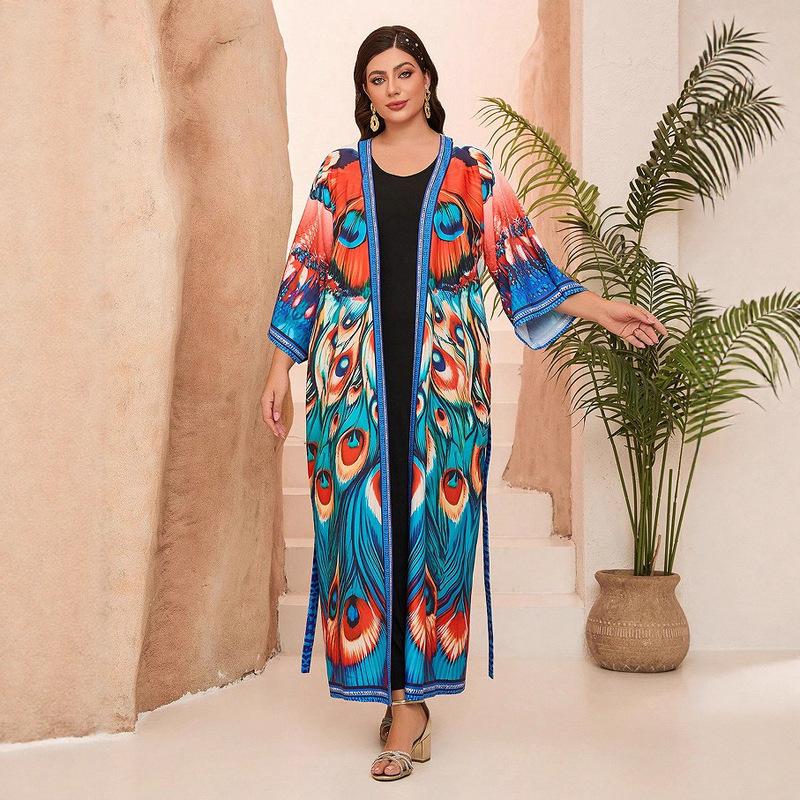 New Colorful Long Robe with Printed Belt, Nine-Quarter Sleeves, Beach Cover-Up, Sexy Loose Robe Without Inner Lining