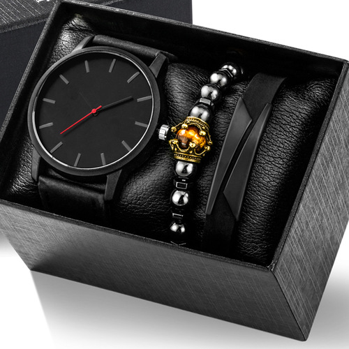 Men's simple, fashionable and casual men's belt quartz watch + crown tiger eye bracelet + titanium alloy bracelet set