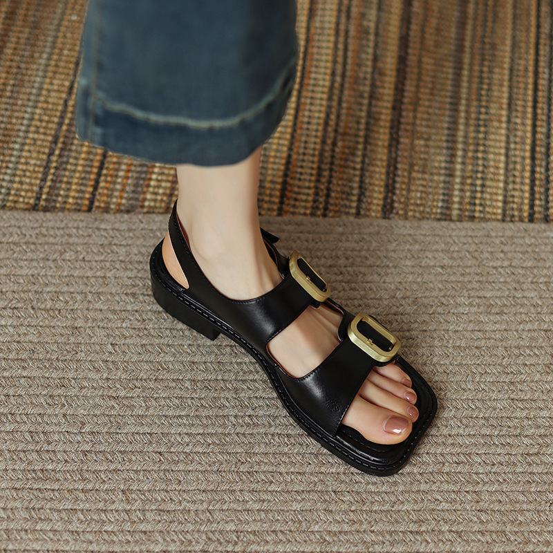 Sandal hở mũi nữ quai ngang đế thấp phong cách La Mã cổ điển, da bò màu nâu — Màu nâu chi tiết 11